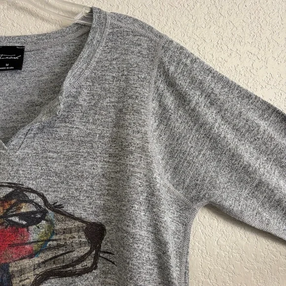 Inoah Sweater Top Womens M Graphic Dapper Dog Split Vneck Hi Lo Dachshund Gray - Picture 5 of 13